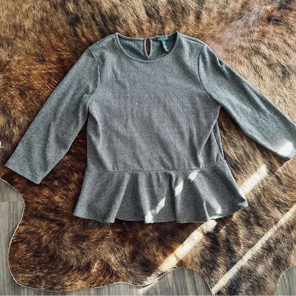 Lauren Ralph Lauren Gray Peplum Long-Sleeve Top